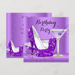 Paarse Cocktail Glitter Hakken Verjaardagsfeestje Kaart