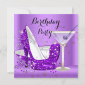 Paarse cocktail Glitter High Heels Birthday Party Kaart (Voorkant)