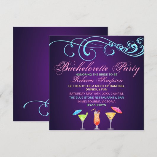 Paarse Cocktail Time Bachelorette Party Uitnodigin Kaart (Voorkant / Achterkant)