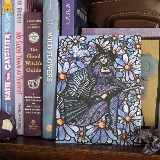 Paarse Coffee Witch Daisy Art Briefkaart