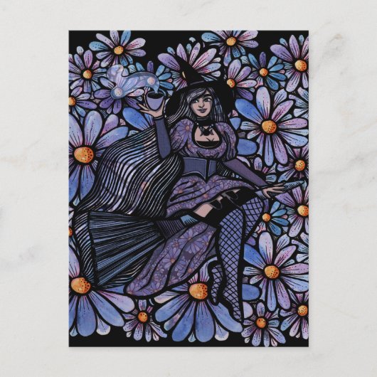 Paarse Coffee Witch Daisy Art Feestdagenkaart (Voorkant)