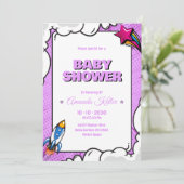 Paarse Comic Baby shower Invitation Kaart (Staand voorkant)
