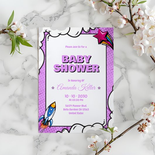 Paarse Comic Baby shower Invitation Kaart