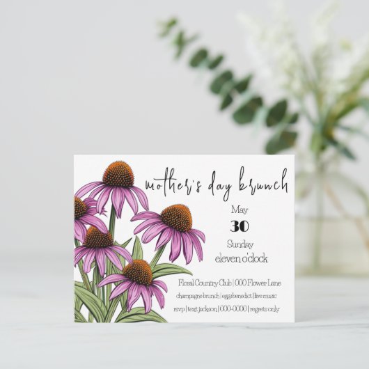 Paarse conebloem | Wildbloemen Moederdag Brunch Uitnodiging Briefkaart (Staand voorkant)