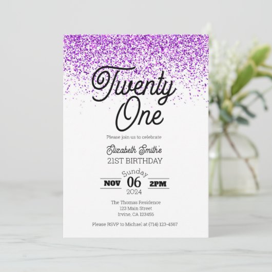 Paarse Confetti 21ste verjaardagsuitnodiging Kaart (Staand voorkant)