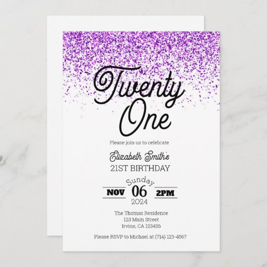 Paarse Confetti 21ste verjaardagsuitnodiging Kaart (Voorkant / Achterkant)
