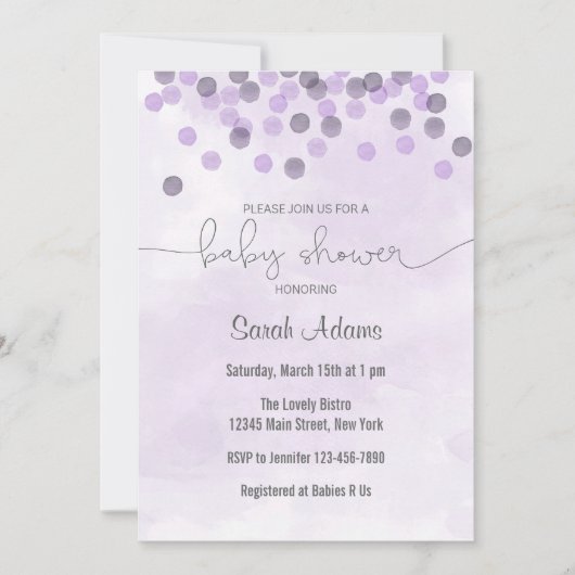 Paarse Confetti Baby shower uitnodiging (Voorkant)