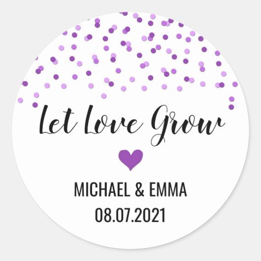 Paarse Confetti hart laat liefde groeien Ronde Sticker (Voorkant)