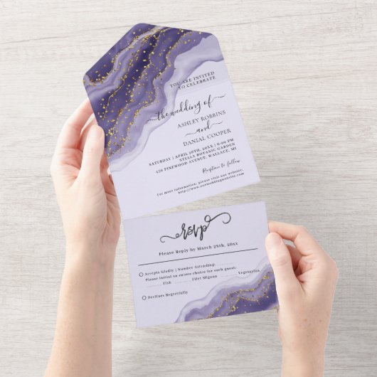 Paarse Confetti zomerbruiloft in één keer All In One Uitnodiging (Afscheurbaar)