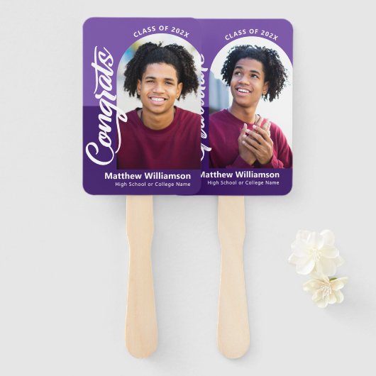 Paarse Congrats Afstudeerder 2 Foto's Arch Bold Sc Handwaaier (Voorkant en achterkant)