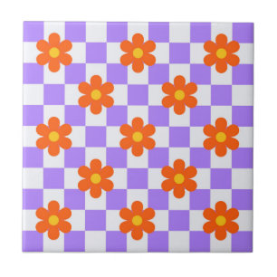 Paarse controlepatroon met Oranje bloem Tegeltje