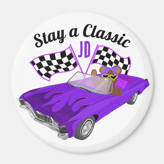 Paarse converteerbare klassieke auto, geruite vlag magneet (Voorkant)