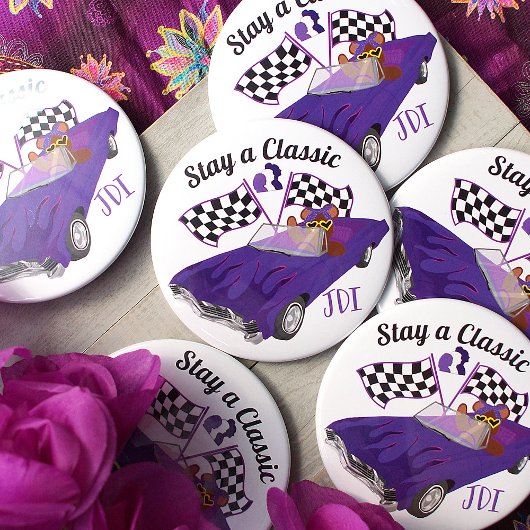 Paarse converteerbare klassieke auto, geruite vlag ronde button 4,0 cm