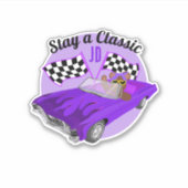 Paarse converteerbare klassieke auto, geruite vlag sticker (Voorkant)