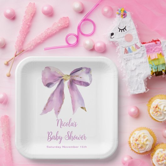 Paarse Coquette Bow Baby shower Papieren Bordje (Feest)