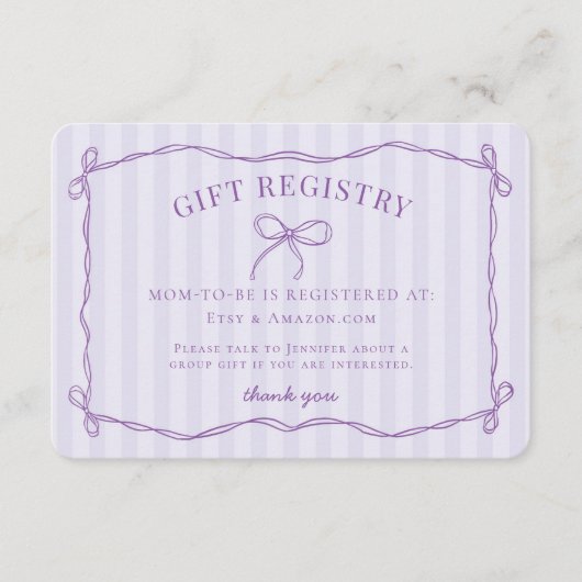 Paarse Coquette Bow Lavendel Baby shower Registry Informatiekaartje (Voorkant)