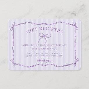Paarse Coquette Bow Lavendel Baby shower Registry Informatiekaartje