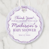 Paarse Coquette Bow Lavendel Gestreept Baby shower Bedankjes Labels (Voorkant)