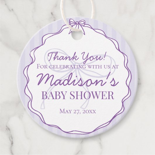 Paarse Coquette Bow Lavendel Gestreept Baby shower Bedankjes Labels (Voorkant)