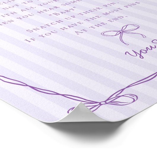 Paarse Coquette Bow Niet Zeggen Baby shower Game Poster (Hoek)