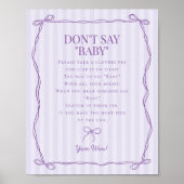 Paarse Coquette Bow Niet Zeggen Baby shower Game Poster (Voorkant)
