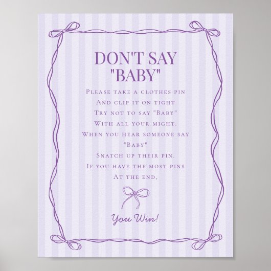 Paarse Coquette Bow Niet Zeggen Baby shower Game Poster (Voorkant)