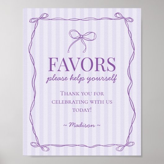 Paarse Coquette Bow Pastel Lavendel Favors Sign Poster (Voorkant)
