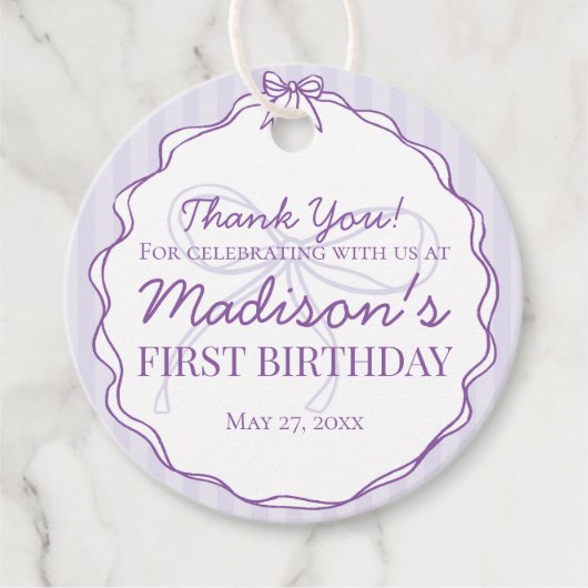Paarse Coquette Bow Pastel Lavendel Verjaardag Bedankjes Labels (Voorkant)