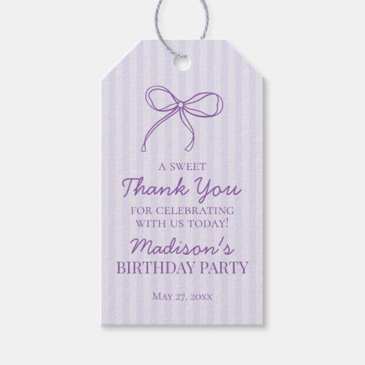 Paarse Coquette Bow Pastel Lavendel Verjaardagsgun Cadeaulabel (Voorkant)