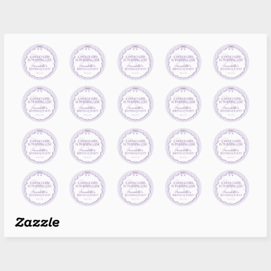 Paarse Coquette Bow Pastel Verjaardag Nodig Seal u Ronde Sticker (Vel)