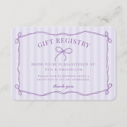 Paarse Coquette Bow Pastel Vrijgezellenfeest Regis Informatiekaartje (Voorkant)