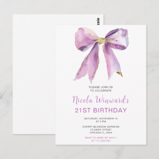 Paarse Coquette Bow Verjaardagsfeest Briefkaart (Voorkant / Achterkant)