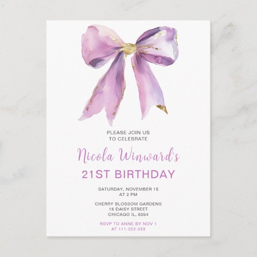 Paarse Coquette Bow Verjaardagsfeest Briefkaart (Voorkant)