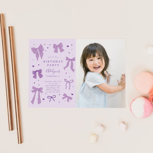 Paarse Coquette Bows Verjaardagsfeest Foto Kaart