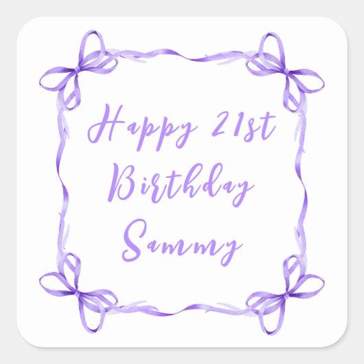 Paarse Coquette Ribbon Happy Birthday Vierkante Sticker (Voorkant)