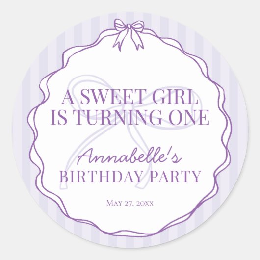 Paarse Coquette Strik Pastel Verjaardagsuitnodigin Ronde Sticker (Voorkant)