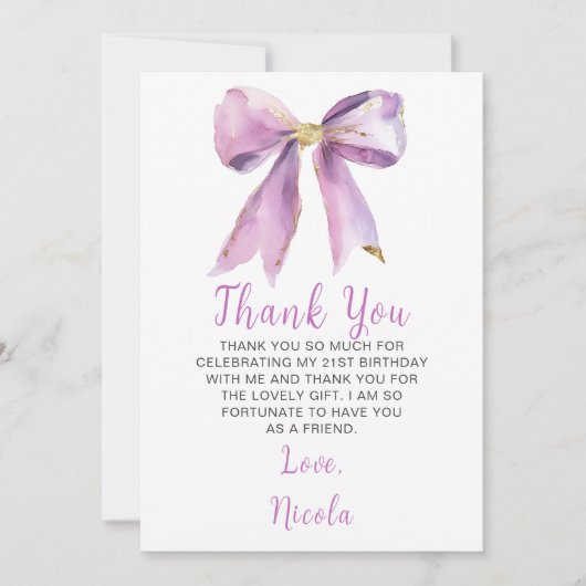 Paarse Coquette Strik Verjaardagsfeestje Bedankkaart (Voorkant)