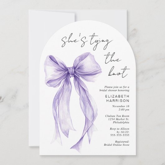 Paarse Coquette Strik Waterschildering Boog Bruids Kaart (Voorkant)