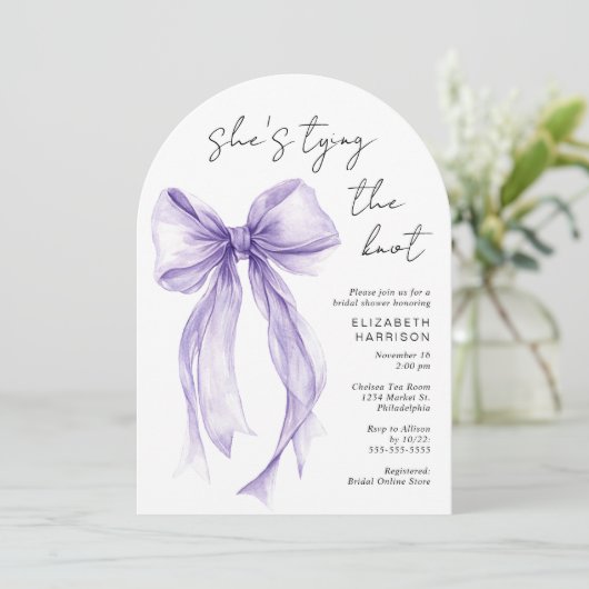 Paarse Coquette Strik Waterschildering Boog Bruids Kaart (Staand voorkant)