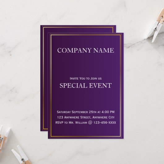 Paarse Corporate Business Party Invitation Kaart (Voorkant / Achterkant in situ)