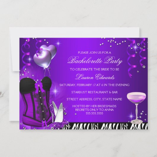 Paarse Corset Zebra Bachelorette Party nodigt uit Kaart (Voorkant)