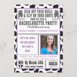 Paarse Cow Print Cowgirl Bachelorette Party nodigt Kaart