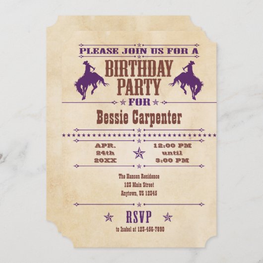 Paarse Cowboy Birthday Uitnodiging (Voorkant / Achterkant)