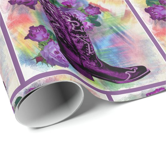 Paarse cowboy met Rozen op Waterverf Cadeaupapier (Rol Hoek)