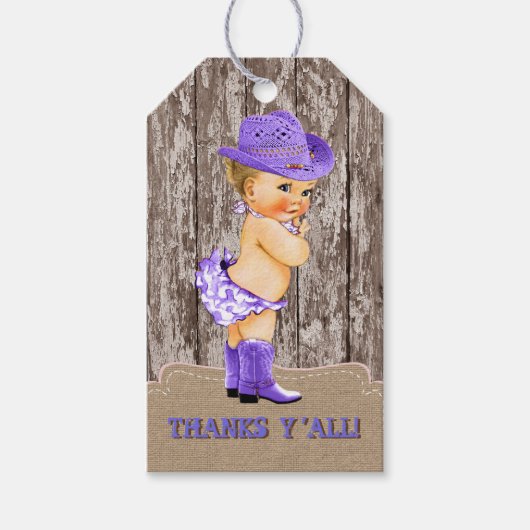 Paarse Cowgirl Baby shower Cadeaulabel (Voorkant)