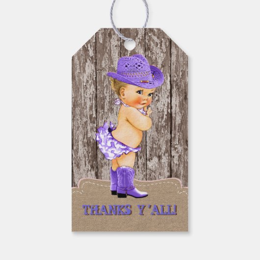 Paarse Cowgirl Baby shower Cadeaulabel (Achterkant)