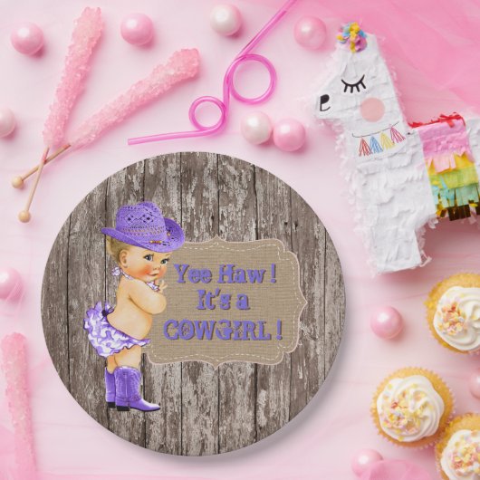 Paarse Cowgirl Baby shower Papieren Bordje (Feest)