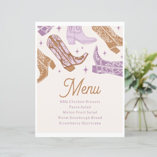 Paarse Cowgirl Party Menu Sign (Staand voorkant)