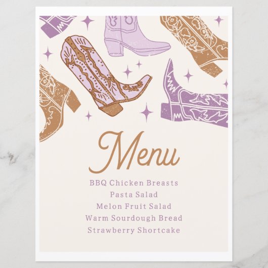 Paarse Cowgirl Party Menu Sign (Voorkant)