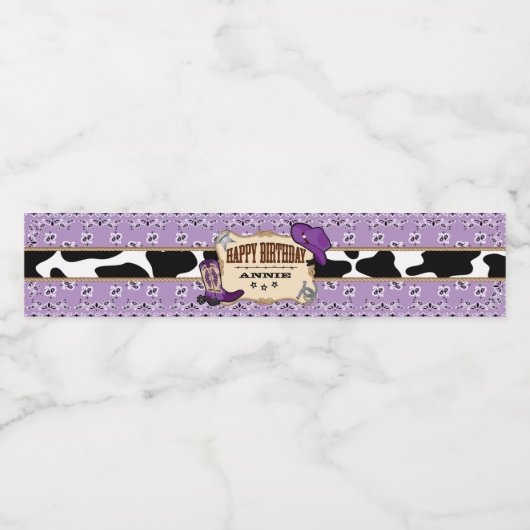 Paarse cowgirl, Western verjaardagsfeestje Waterfles Etiket (Enkel label)